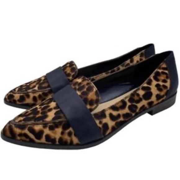 Sole Society Shoes - Sole Society Women 9.5 Black Brown Leather Calf Hair Leopard Slip On Loafer Flat